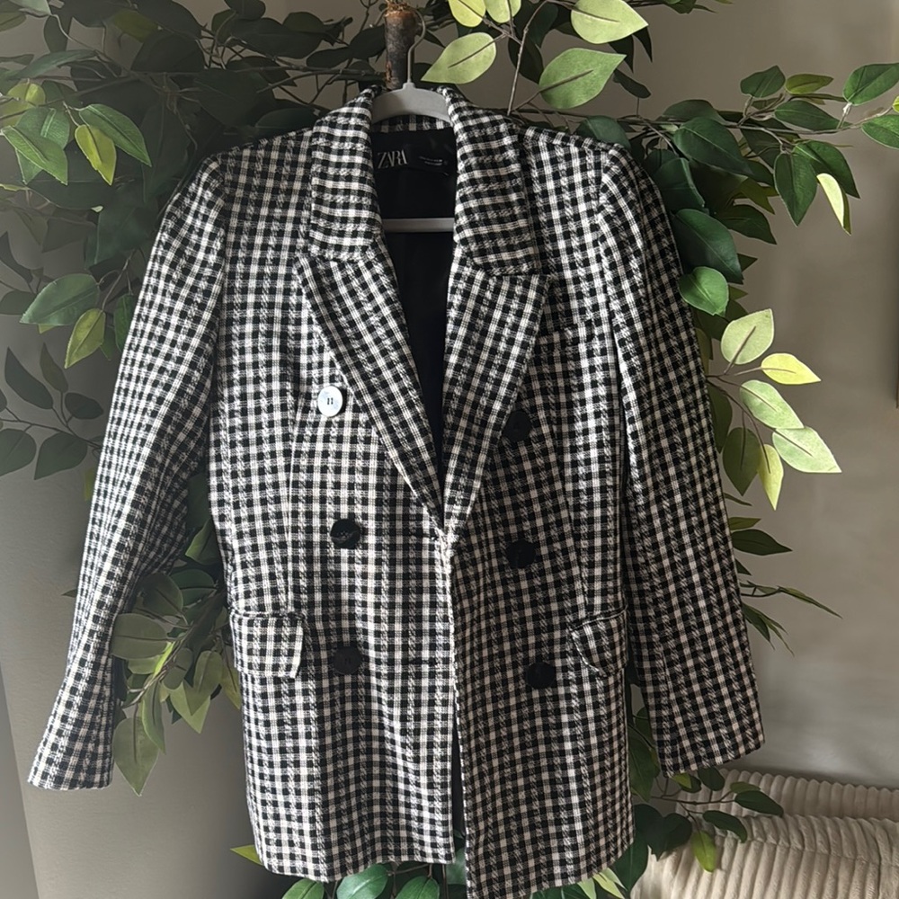 Zara Black and White Houndstooth Blazer